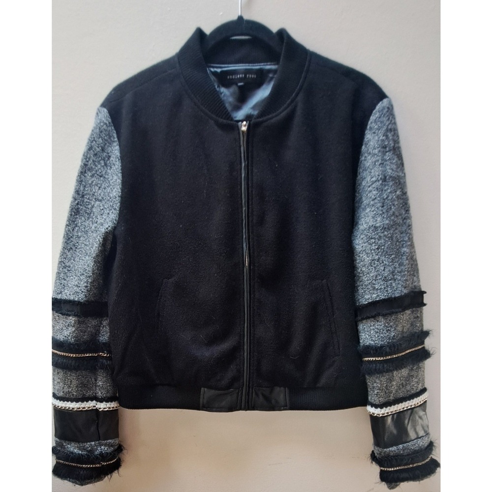 Endless Rose Mixed Media Bomber Jacket Black Gray Chain Fringe M/L 2441J4F